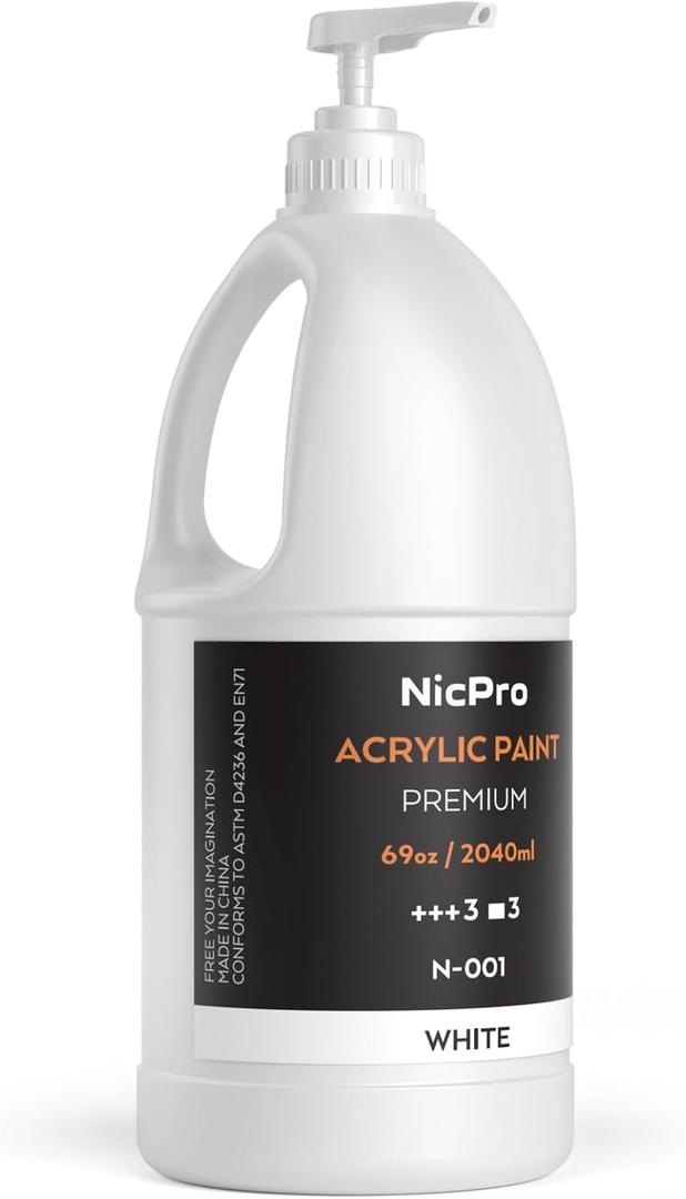 Nicpro White Large Acrylic Paint Set (69 oz, 2040 ml) Rich Art Painting Supplies Non Toxic for Multi Surface, Canvas, Wood, Leather, Fabric Stone Craft, for Beginner & Artist with Pump