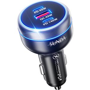 SUNDA 230W USB C Fast Car Charger, 3-Ports Mutiple Car Charger Adapter, Fast Charging PD140W/PPS63W/QC45W Compatible with iPhone16/15/14/MacBook/iPad/Laptop/SamsungS24, Cigarette Lighter USB Charger