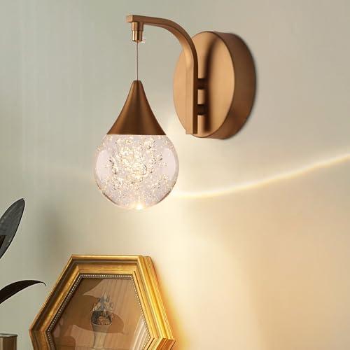WillWant Modern Waterdrop Wall Light, 5W Led Wall Sconce Bubble Glass Wall Lamp for Bedroom, Living Room, Hallway, 3300k Warm White | Dimmable | Matte Brass