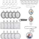 49PCS Wedding Bouquet DIY Photo Charm Oval Round Square Silver Pin Brooch Making Kit with Clear Glass Cabochons Heart Pendant Jump Rings for Craft Jewelry Making (34PCS Set)