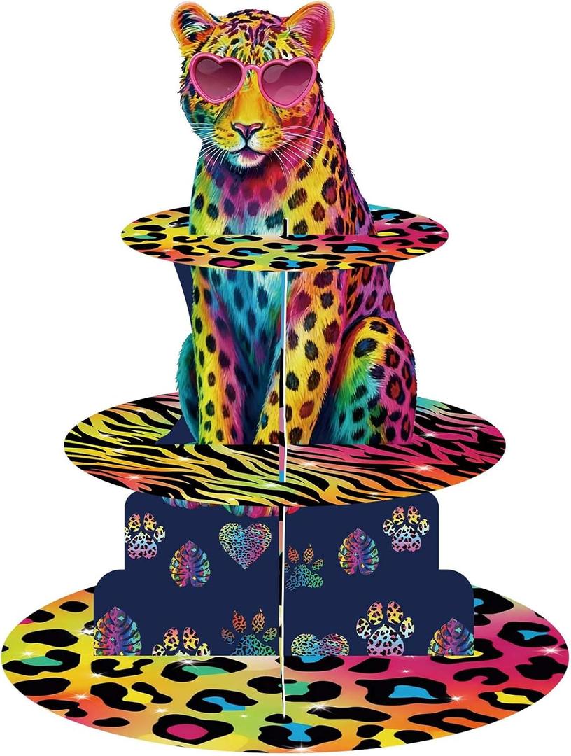 Rainbow Leopard Cupcake Stand Cheetah Print Birthday Party Decorations Cheetah Three-Tier Cake Stand Dessert Neon Animal-Themed Party Supplies