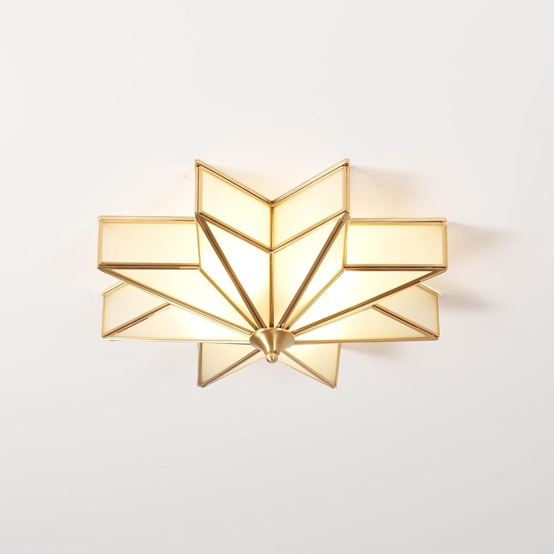 Brass Flush Mount Ceiling Light with Ceramic Light Socket, Star Shaped Ceiling Light Fixture, Mid Century Glass Ceiling Mount Lamp for Living Room Dining Room (23.6")