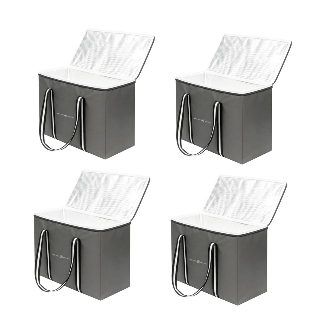 4 PieceInsulated Reusable Grocery Bags with Zippered Top - Heavy Duty Foldable Shopping Tote Bags for Food Delivery, Collapsible Thermal Cooler Bag for Hot Cold Groceries