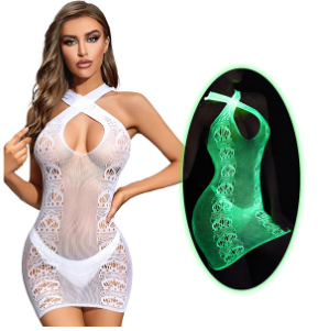 FasiCat Sexy Lingerie for Women Mesh Lingerie Backless Fishnet Minin Dress Glow in The Dark Lingerie Babydoll Halter Chemise Pack of 2