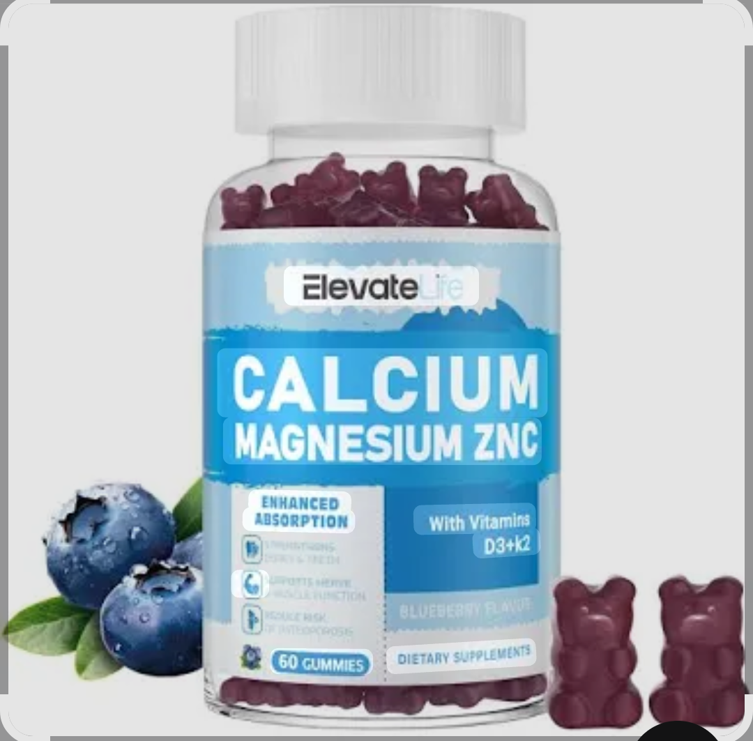 ElevateLife Calcium Magnesium Zinc Gummies with Vitamin D3 & K2 - High Potency Enhanced Absorption -60 Blueberry Gummies Flavored exp.08/2026