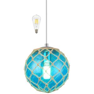 Blue Pendant Light Coastal Pendant Light Nautical Pendant Lighting Beach House Lighting Fixtures Ocean Lighting Fixture Coastal Hanging Light Fixtures Fish Float Glass Ball Lighting(Bulb Incl. (8"-Globe)