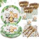 Safari Jungle Baby Shower Plates Set Decorations Wild One Birthday Party Decorations Serves 25,Sage Green Plates Napkins Cups and Forks Animals Theme Disposable Tableware Set