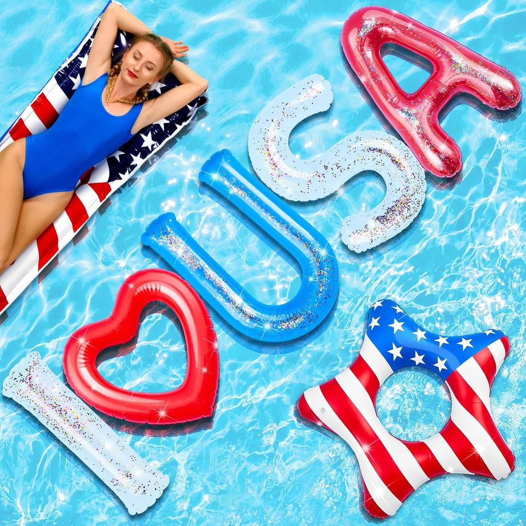 6 Pcs 20" Inflatable 4th of July Pool Floats, Patriotic USA Pool Floats Decoration, Red White and Blue Floating Star Letter for 250 Years Memorial Day, Swim Toy for Independence Day Summer Beach Party