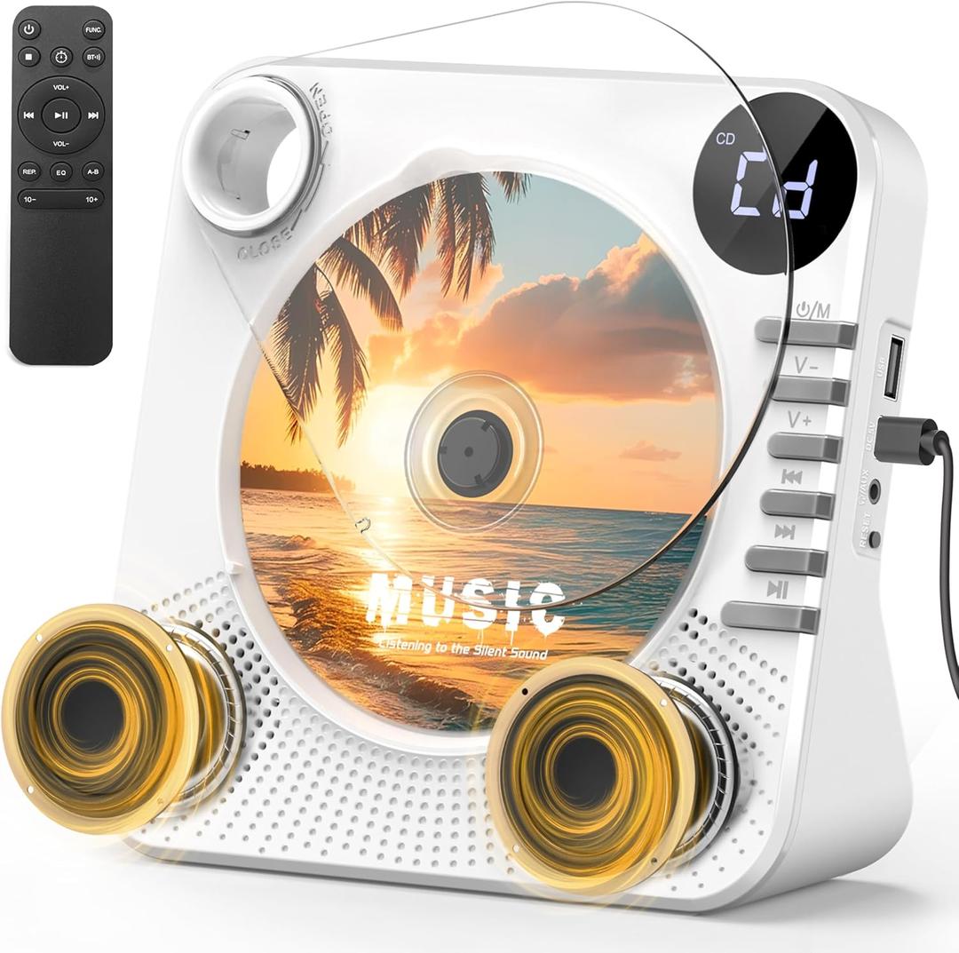 Desktop CD Player Bluetooth with HiFi Dual Speaker, CD Player for Home with Remote Control,Dust Cover,LCD Display,Sleep Timer,EQ Sound,USB/AUX/3.5mm Earphone Jack for Home,Kids,Gift (White)