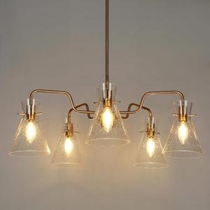 GEPOW Large Gold Chandelier, Modern 5-Light Chandeliers for Dining Room, Brass Hanging Light Fxitures with Seeded Glass Shade for Kitchen, Bedroom and Living Room