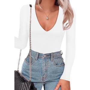 SAUNGKUAI Women's Plunge Deep V Neck Long Sleeve Bodysuit Double Lined Thong Body Suit Shirt Tops (White, S)