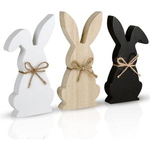 Easter Decorations for the Home, 3 pcs Easter Bunny Wooden Table Centerpiece Signs Rustic Tiered Tray Farmhouse Decor for Gifts, Black, White, Natural Wood Color