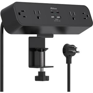 PD40W Desk Clamp Power Strip, Desktop Mount Surge Protector, Fast Charging Station, 5Ft Extension Cord Desk Mount Shelf with 4 Outlets 4 USB Ports (2 USB C), Home Office Accessories Essentials, Black