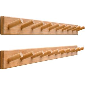SKOLOO Wall Mounted Coat Rack 38", 10 Hooks, Bamboo, Shaker Style, Natural