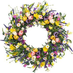LLZLL Spring Wreath 22 inch Indoor Summer Wreaths Artificial Spring Wreaths for Front Door, Tulip Wreath with Daisy and Lavender for Home Holiday Decor
