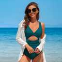 Charmo Womens One Piece Swimsuit Ruched Tummy Control High Cut Backless V Neck Bathing Suits Swimwear (Blue, L)