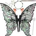 Fairy Wings for Adults, Fairy Costume Set with Floral Garland, Fairy Hair Tinsel, Wand & Elf Ears  31.5"x21.6" Organza Butterfly Wings  Ideal for Cosplay, Party, Black