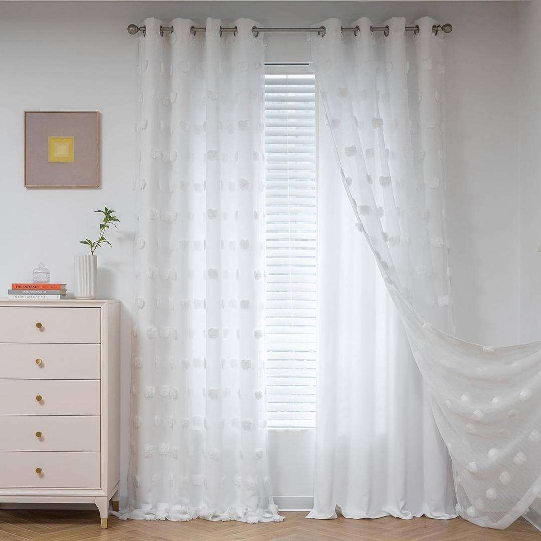 MYSKY HOME Kids Curtains for Girls Bedroom Double Layer Curtain for Daughter Room 84 Inches Long Pom Pom Sheer Drapes White Curtains for Living Room Grommet Room Darkening Panels W52 X L84