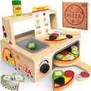 Wooden Pizza Toy - 48 PCS Montessori Pretend Play Food for Ages 3+, Educational Learning Toy Wooden Playset with Bake Oven, Christmas Birthday Gift for 3 4 5 6 Year Old