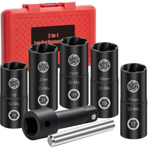 2-In-1 Lug Nut Removal Tool & Impact Socket Set, with 1/2" Drive, Easy Out Broken Bolt Extractor Kit, Ez Out Stripped Wheel Lock for Removing Rounded, Rusted Bolts, Nuts & Screw 7-Pieces