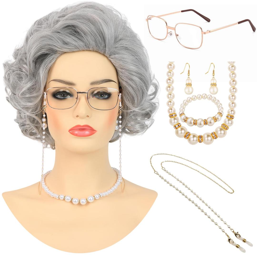 Old Lady Wig Costume Set for Women Short Curly Grandma Wig and Glasses Silver Grey Granny Wigs for Old Woman Cosplay Halloween Party (Silver Grey/Old Lady)