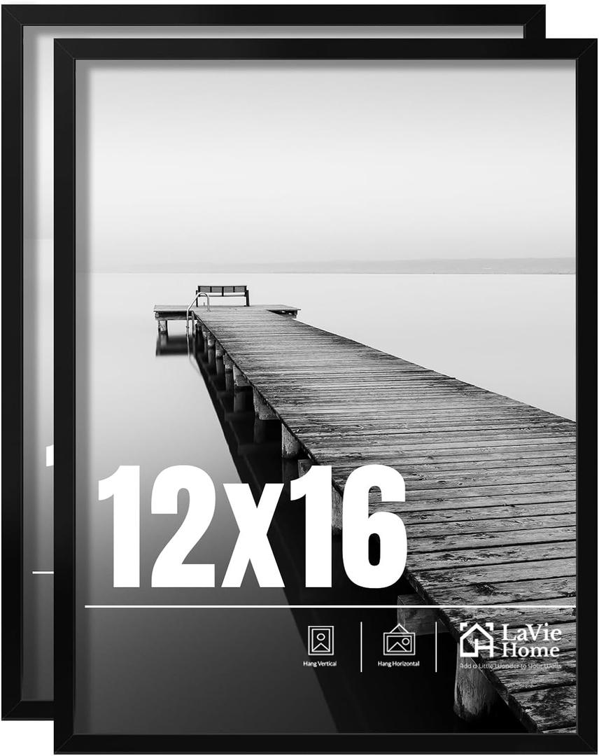 LaVie Home 12x16 Picture Frame 2 pack, Display Pictures 12 x 16 Poster Frame, 12x16 Black Photo Frame with HD Plexiglass, Display Frame for Vertical or Horizontal, Classic Collection