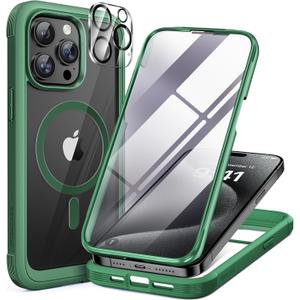 Miracase Magnetic for iPhone 15 Pro Case [Compatible with MagSafe] Full-Body Bumper Phone case with Built-in Glass Screen Protector& Camera Protector, Military Drop Proof 15 Pro Cover, Magnetic Green