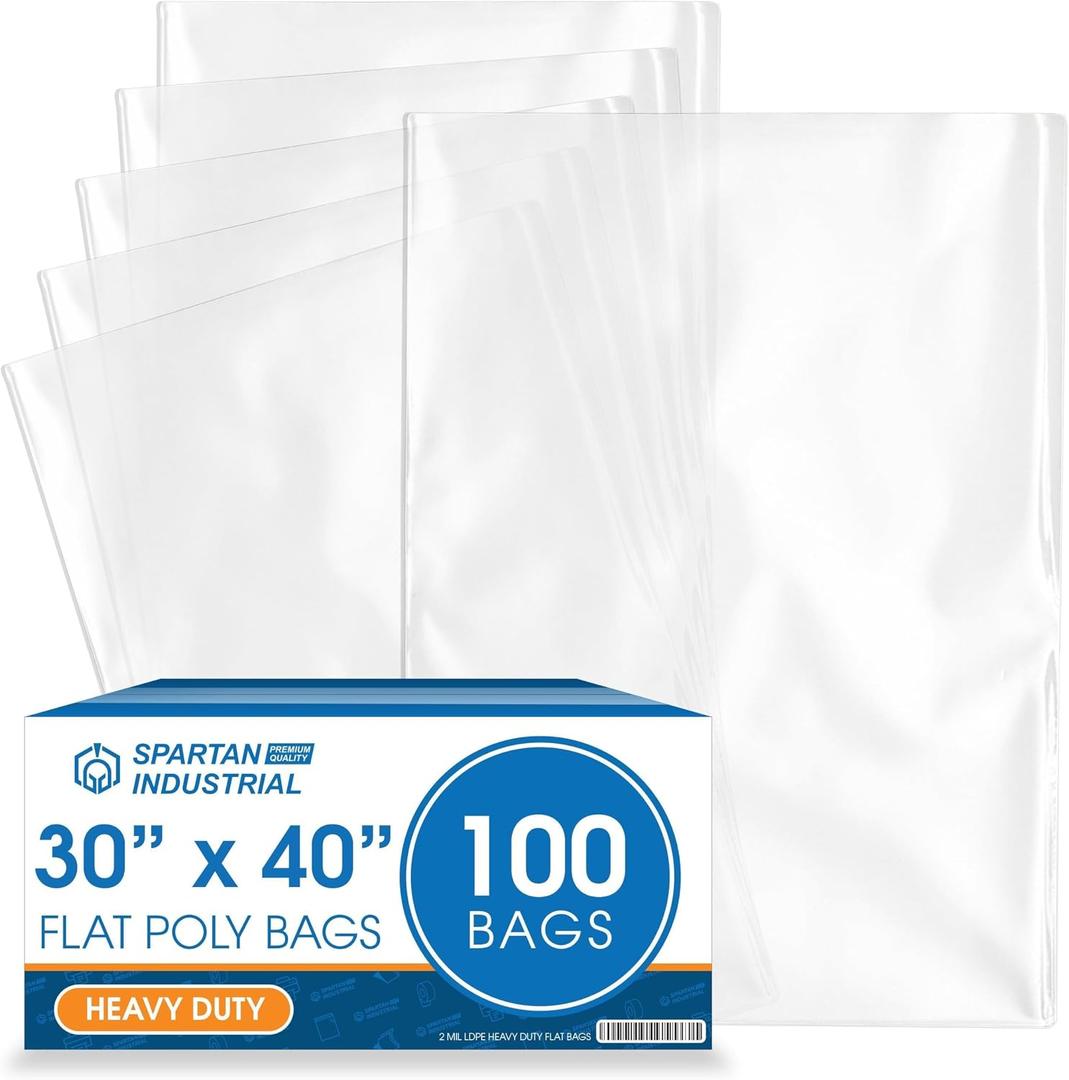30" X 40" Open-End Flat Poly Bags (100 Count) - 2 Mil Clear Plastic Bags for Packaging, Shipping, Storage - No Adhesive Strip - Spartan Industrial