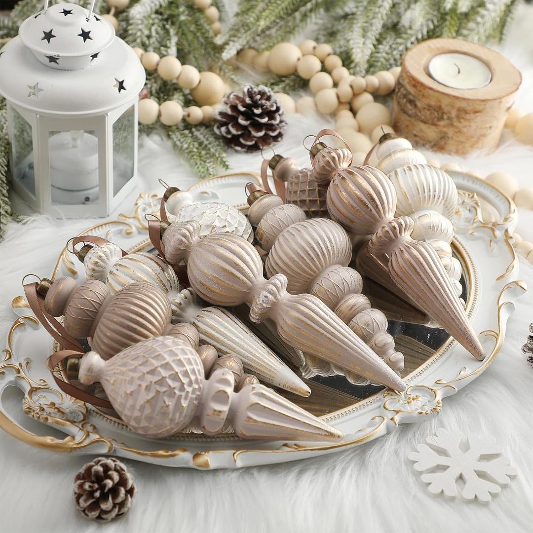 Yunlly 18 Pcs Neutral Christmas Ornaments Textured Christmas Tree Decor with Hanging Loop Modern Brown Hanging Finial Ornaments Shatterproof Home Decor for Xmas Vintage Rustic Farmhouse (Modern Color)