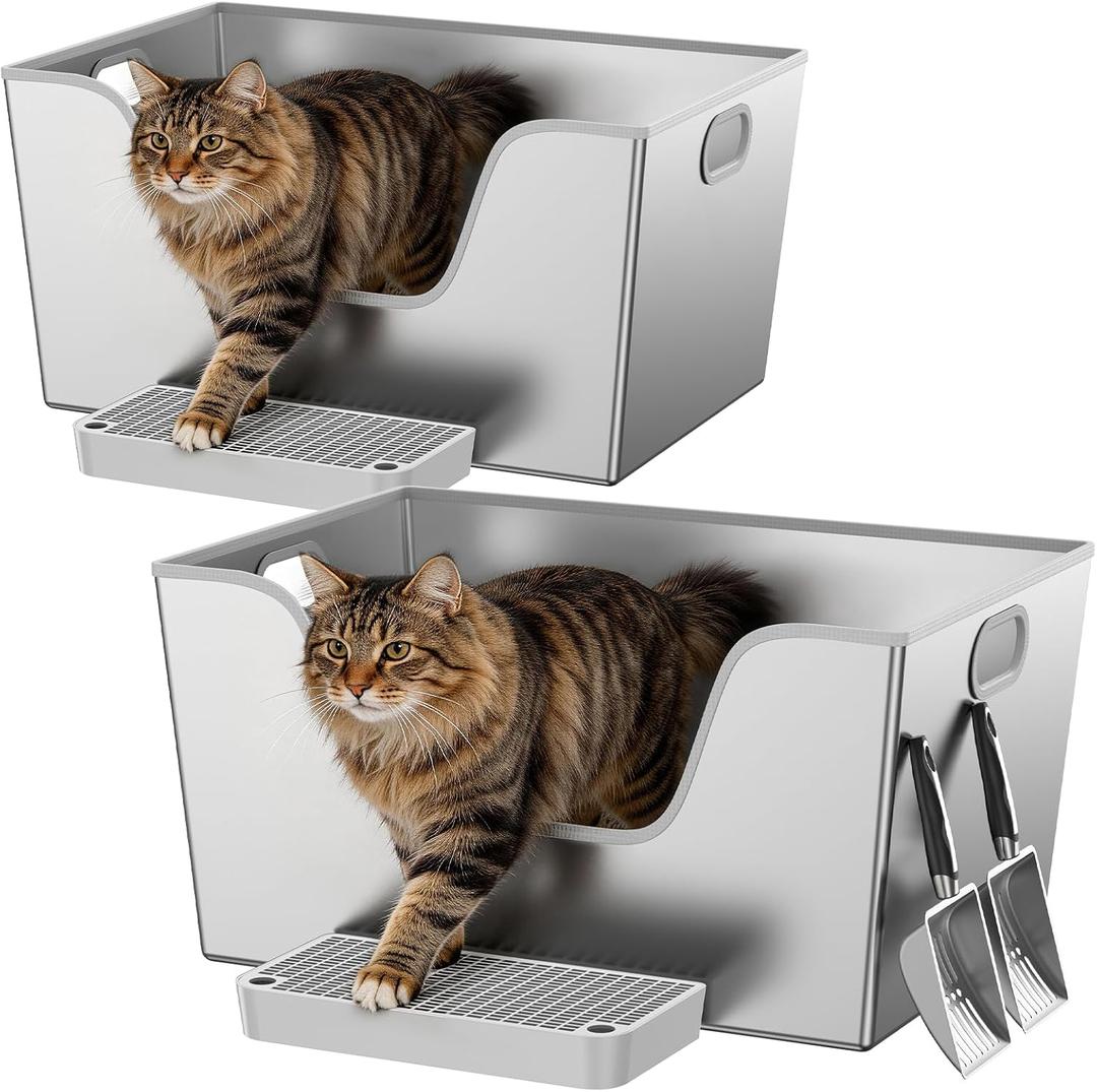 2 Pack XXL Stainless Steel Litter Box with 12'' High Sides,XXXL Metal Cat Litter Box with Tall Walls for Big & Multiple Cats,One-Piece Deep Maine Coon Litter Box with Low Entry,Anti-Leakage,Non-Sticky