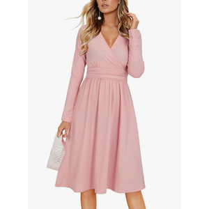 OUGES Women's Fall Long Sleeve V Neck Wrap Casual Work Business Outfits Winter Dress 2024(Pink - XL)