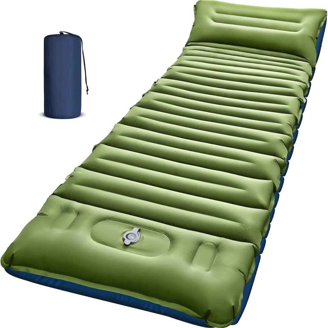 Camping Sleeping Pad, Thick 5 Inch Camping Mat with Pillow Built-in Foot Pump Ultralight Inflatable Sleeping Pads for Camping, Backpacking, Hiking, Tent (Single, Green+blue)