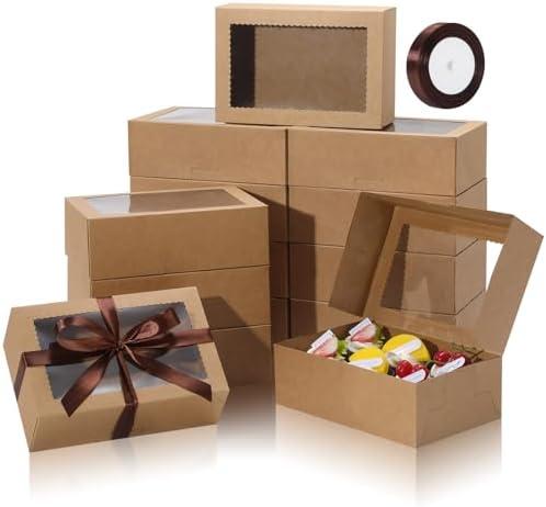 COTOPHER 10Pcs Cookie Boxes with Ribbons, 9x6x3 Inch Bakery Boxes with Window, Brown Treat Containers for Pastries, Chocolate Covered Strawberries, Dessert, Easter Candy, Muffins, Donuts