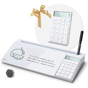 TOWON Desktop Glass Whiteboard with Basic Calculator, 12 Digit LCD Display, Desk Organizers with Accessories for Office, Home, School Supplies, Storage with Dry Erase Board Surface, White, 18'' x 6''