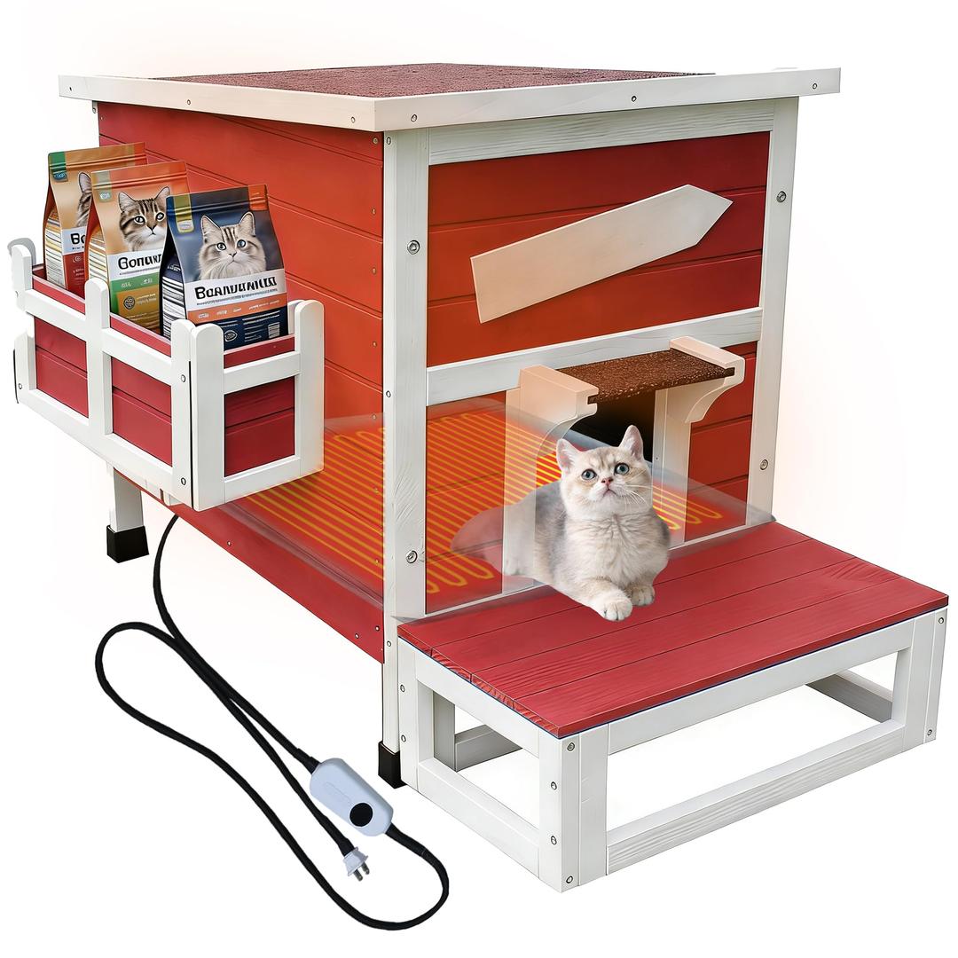 Rockever Large Outdoor Cat House with Heating Pad, Wooden Feral Cat Shelter