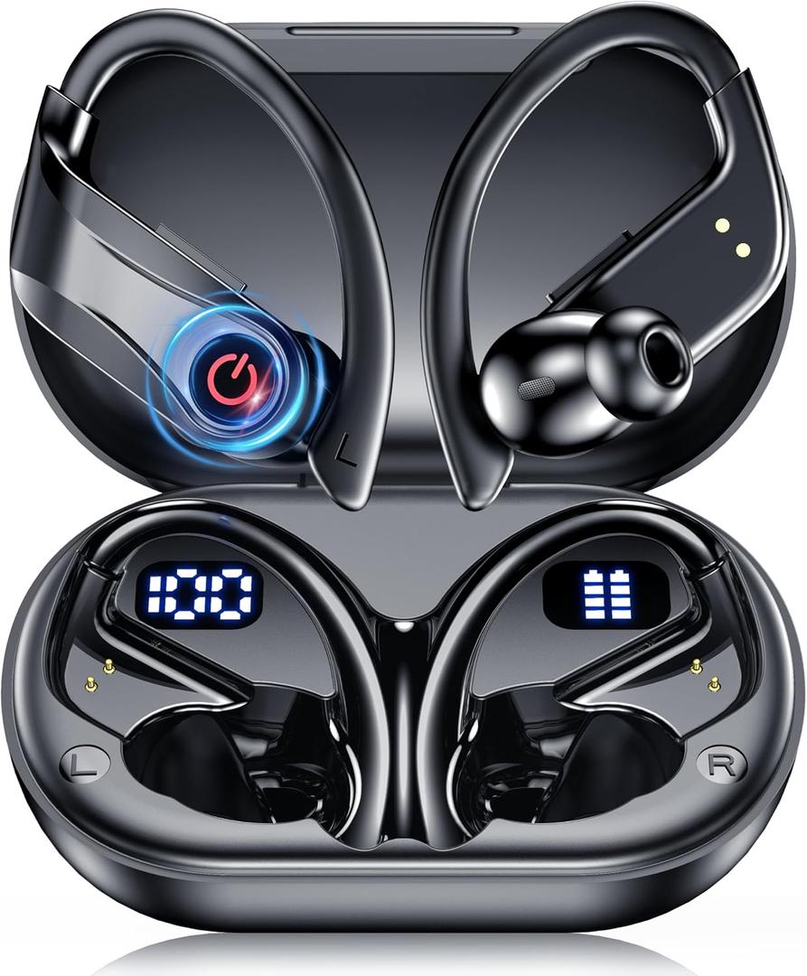 Wireless Earbuds Bluetooth 120 Hrs Headphones, Sports Ear Hook with Charging Case Earphones Noise Canceling Dual LED Display Case One Step Control IPX7 Waterprrof and Sweat and Resistant Black