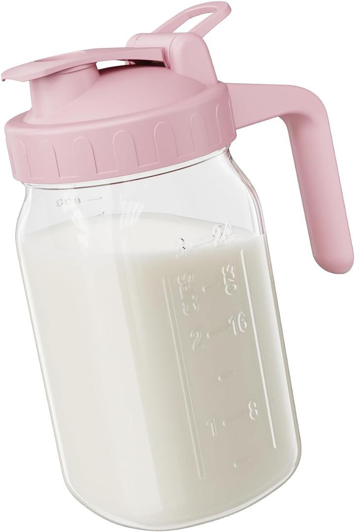 Breast Milk Pitcher Jug - 32 oz Glass Mason Jar Airtight Pitcher with Pour Spout Handle for Breastmilk, Iced Tea, Ice Drinks Storage ContainerPink