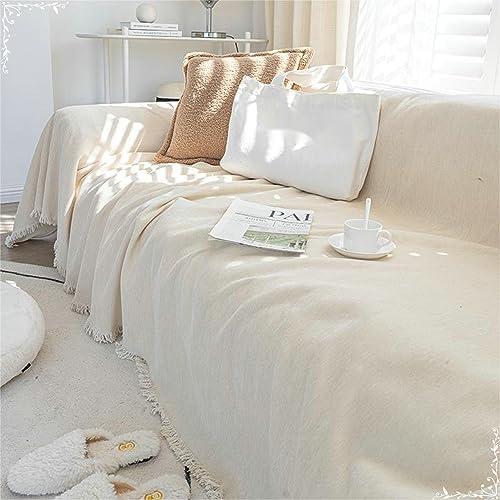 Sofa Cover Outdoor, Creamy White Solid Color with Tassel Furniture Protector Sofa Cover, Chenille, 71" W x 118" L