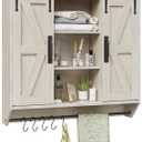 Trironsun Farmhouse Medicine Cabinet 2 Sliding Barn Doors 3 Tier Rustic Wood Wall Storage Cabinet Adjustable Shelf Towel Bar Wall Mounted Bathroom Wall Cabinet (Antique White, 30.71 Inch)