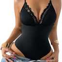 SOLY HUX Women's Lace Deep V Neck Bodysuit Spaghetti Straps Slim Fitted Leotard Camisole Pure Black Large