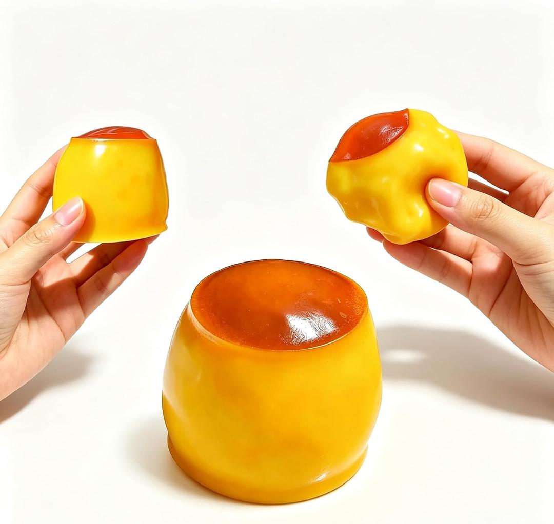 Caramel Pudding Squishy Stress Ball Crunchy Bead Filled Non Rebound Handmade Taba ASMR Anxiety Relief for Adults Party Favor Squeeze Toy, Soft Sticky Silicone Dessert with Realistic Food Look