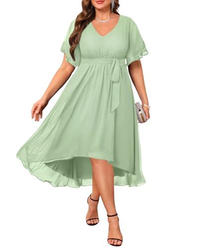 Plus Size Green Dress Mint Bridesmaid Mother of the Bride Wedding Guest Formal Chiffon Short Sleeve High Low Dress Women 22w