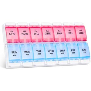 Sukuos Weekly Pill Organizer 7 Day 2 Times A Day, AM PM Medicine Pill Box with Easy Push Button, BPA Free Vitamin Cases for Fish Oil/Supplements, Easy to Clean (Red&Blue)