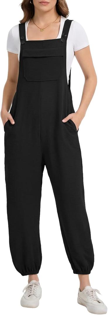 Overalls for Women 2026 Casual Sleeveless Bib Pants Adjustable Straps Jumpsuits Loose Fit Rompers with Pockets (Black, L)