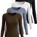 Neer 4 Pack Women's Ribbed Long Sleeve Shirts, Cotton Crew Neck Slim Fit Tops Stretch Knit Casual Base Layer Basic Tee Shirts (Black, White, Dark Khaki, Light Haze Blue)