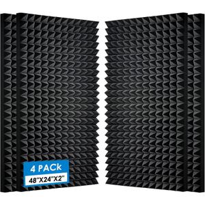 Acoustic Foam Panels, 48 x 24x 2 Inches, Pyramid Design, 4 Pack, Sound Proof, High Density, Fire Resistant, Black, for Wall and Ceiling (Black 4PCS)