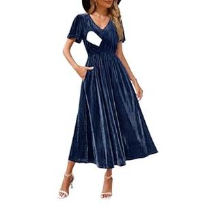 CzzzyL 2024 Nursing Velvet Maxi Dress for Women Pregnant Smocked Short Sleeve V Neck Flowy Wedding Guest Dresses with Pockets(Navy, X-Large)