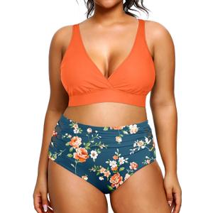 Yonique Womens Plus Size Bikini High Waisted Swimsuits Two Piece Bathing Suits Tummy Control Swimwear (Medium, Orange and Blue Print)