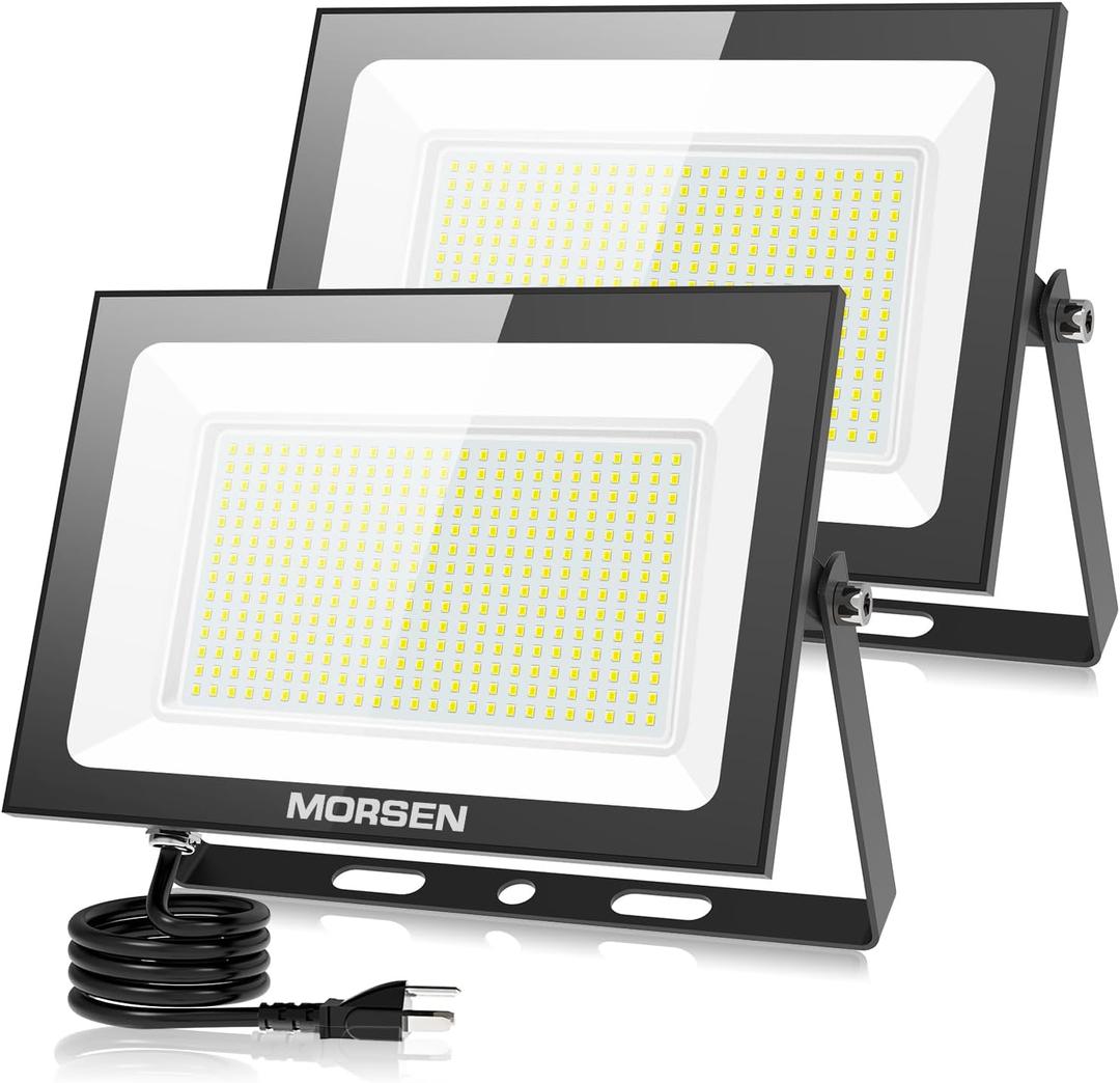 MORSEN 200W Flood Lights Outdoor, 30000lm Bright LED Work Light with Plug, 6500K Daylight White LED Flood Lighting, IP66 Waterproof Security Yard Lights for Yard Garage Stadium 2 Pack