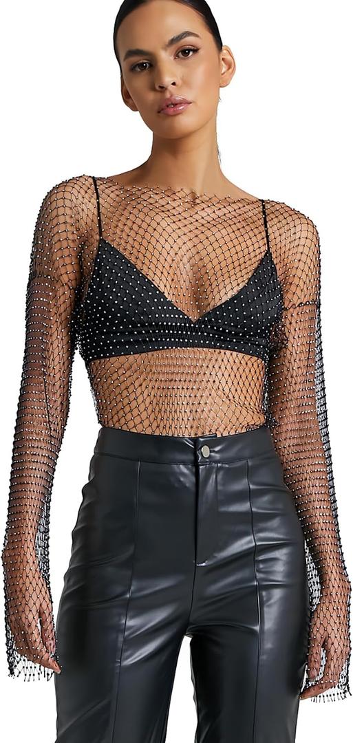 Rhinestone Crystal Crop Top, Long Sleeve Mesh Body Chains, See Through Mesh Diamond Fishnet Shirts Outfits (Black, No Size)